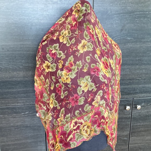 Sheer Floral Square Scarf Burgundy Green & Gold Polyester - Picture 3 of 3